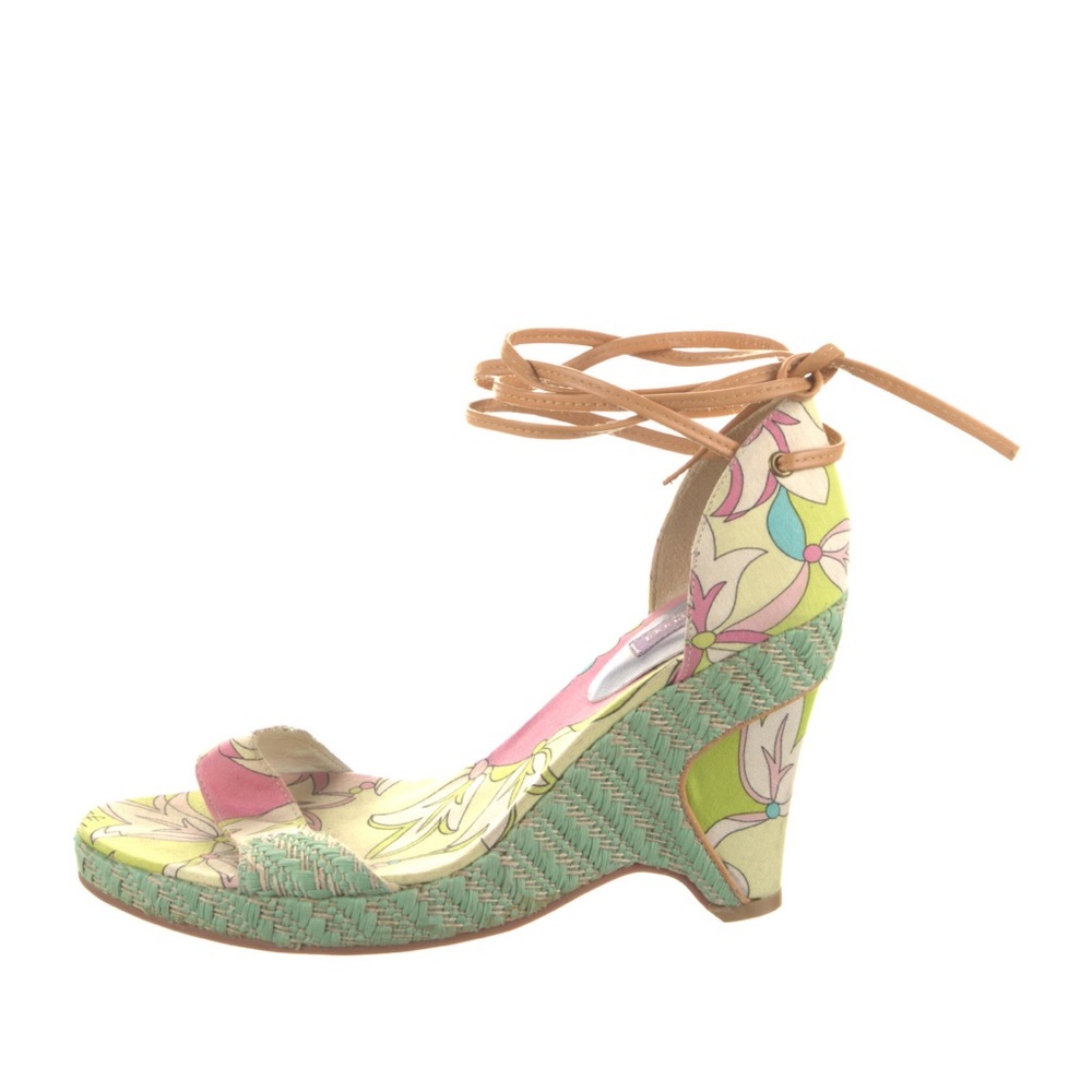 Emilio Pucci Pink and Green Wedge Sandals with Ankle Wrap